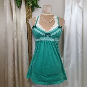 ♡ Y2K ♡ Hollister Green Lace Empire Waist Babydoll Satin Bows Tank Top